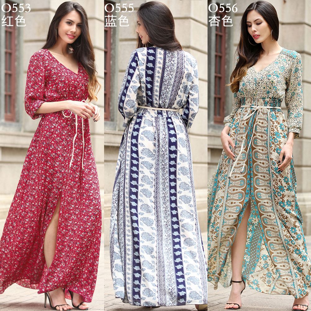 Acquistare Abito Lungo Da Donna In Chiffon Con Scollo A V Manica Lunga  Stampa Floreale 2017 Abiti Maxi Abiti Abito Estivo Da Spiaggia Sexy  Economico | Consegna Veloce E Qualità | It.Dhgate