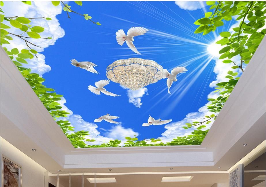 Custom 3d Sky Ceiling Wallpaper Hd Blue Sky White Clouds Green