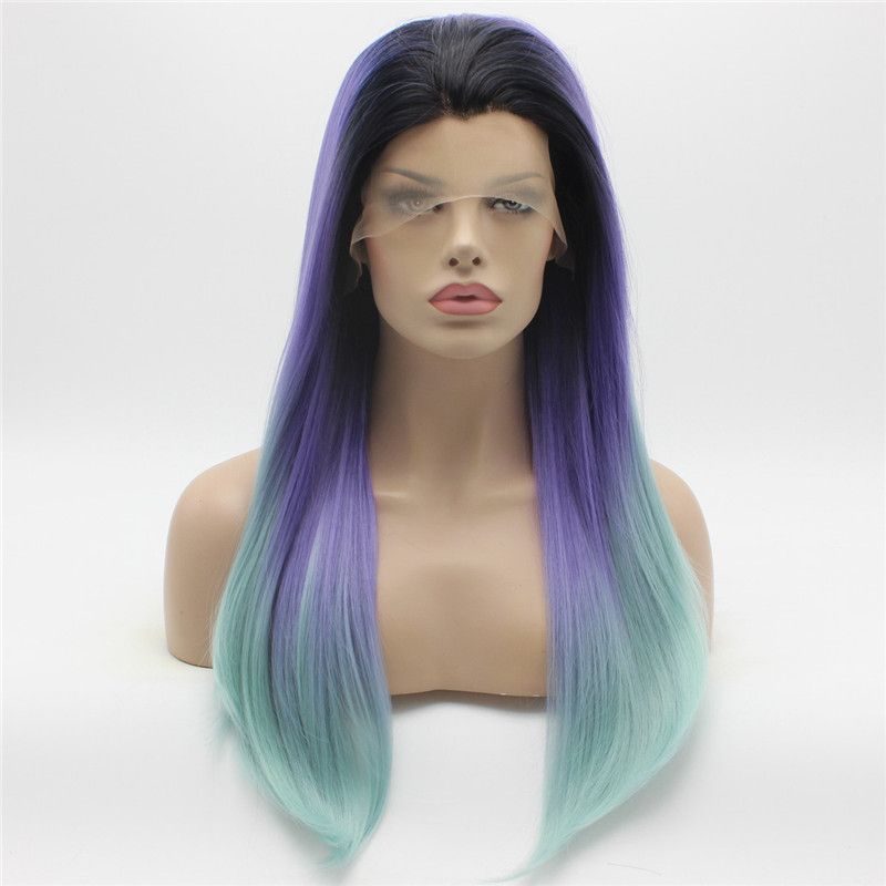 Iwona Hair Straight Long Dark Root Purple Light Blue Ombre Wig 2 C005 Half Hand Tied Heat Resistant Synthetic Lace Front Wig Wigs Cheap Synthetic Wig