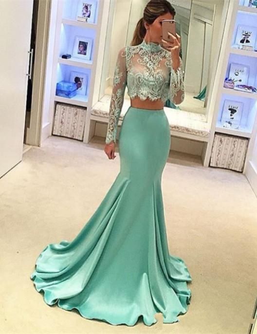 Compra Mint Green 2 Unidades Vestidos De Baile De Manga Larga Estilo Sirena  2019 De Alta Calidad Sheer Lace Ocasión Especial Vestido De Fiesta Para La  Noche Barato | Entrega Rápida Y