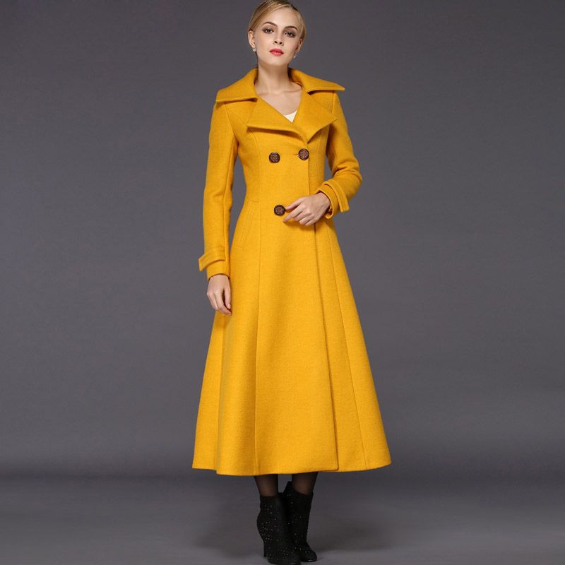 New Winter Woman Yellow Wool Slim Coat Maxi Warm Long Jacket Casual Trench coat Female Cold outwearts