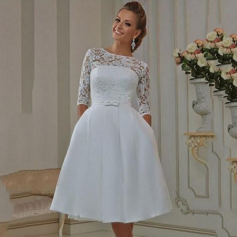 Discount Vintage Lace Short Wedding Dresses Matched Bow Sash