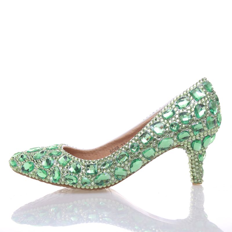 Green Rhinestone Pumps Wedding Party Shoes Middle Heel Pointed Toe