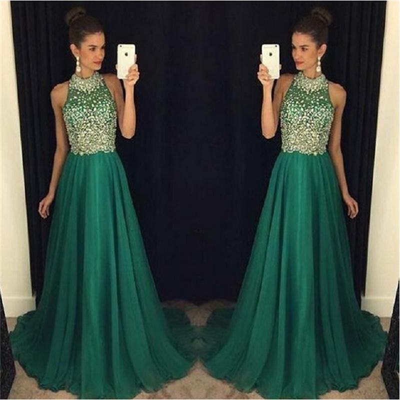 green high neck prom dress