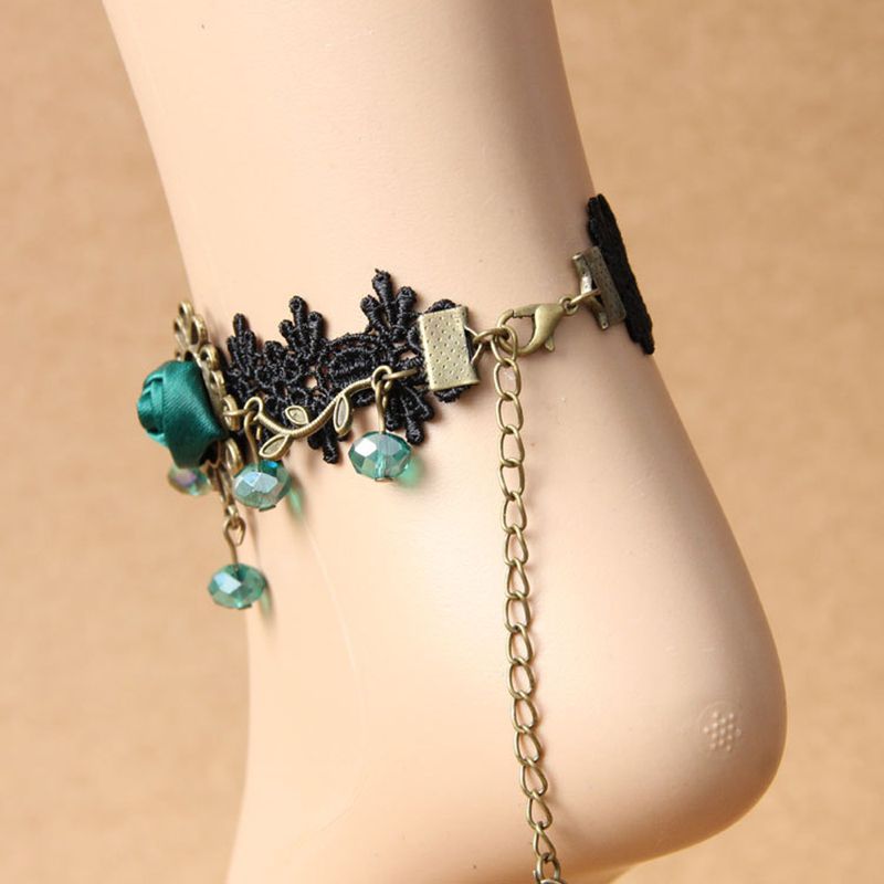 Gothic Lace Pearl Anklet Handmade Lace Anklet With Crystal Pendant Decoration,Bridal Accessories,Lace Jewelry,Foot Chian,Foot Decoration