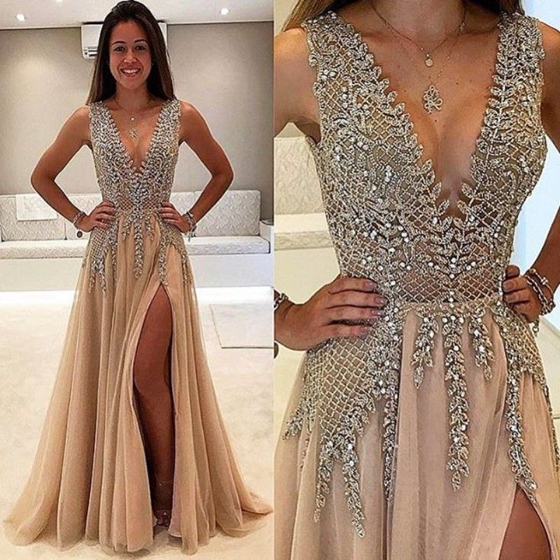 v neck evening gown