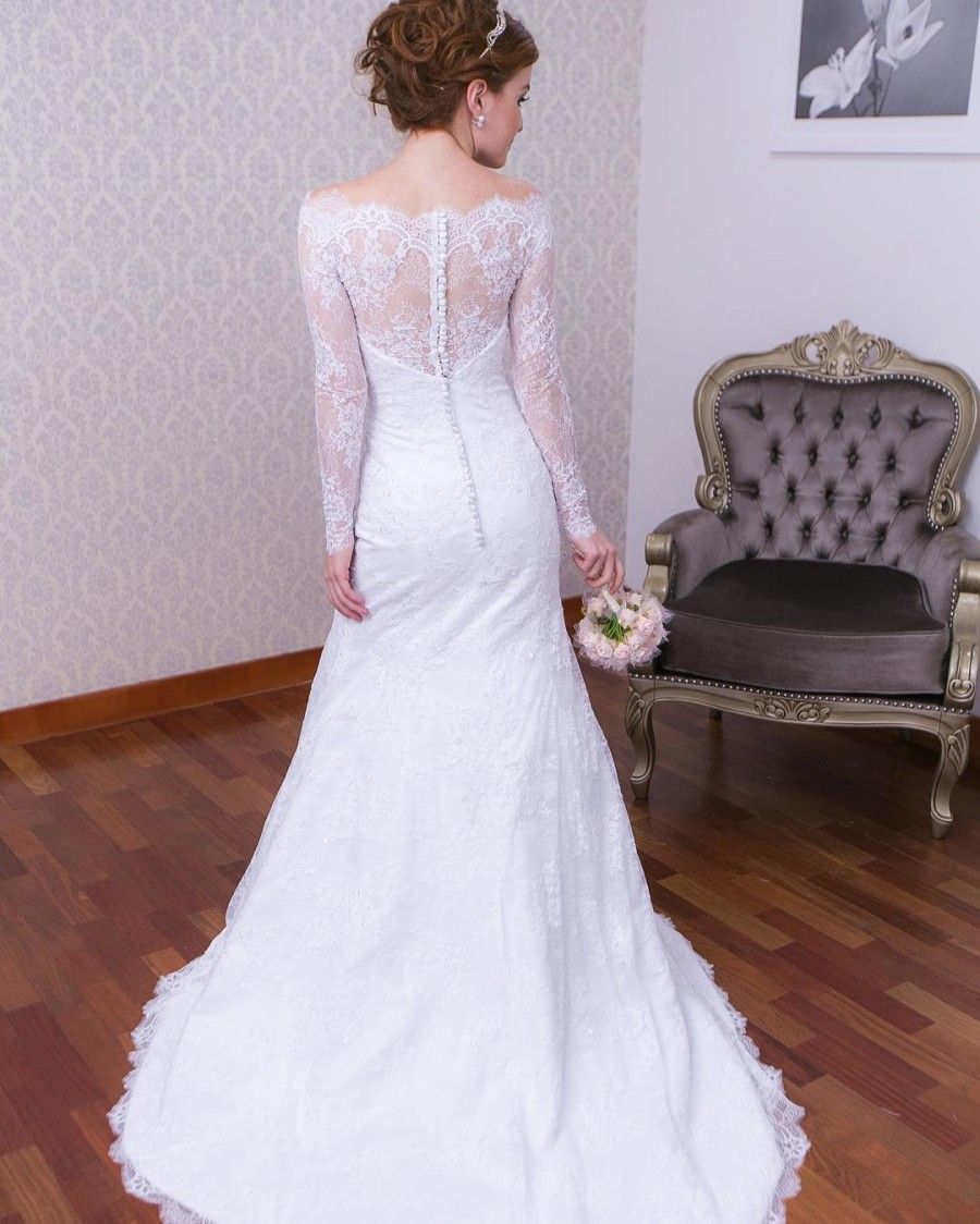 Compra Vestidos De Novia De Encaje Elegantes Y Sencillos Con Mangas Largas  Estilo Sirena Bateau Fuera De Hombros Vestidos De Novia Volver Botones  Cubiertos Barato | Entrega Rápida Y Calidad | Es.Dhgate