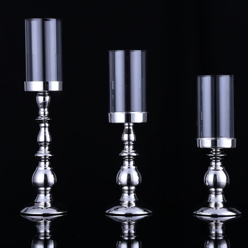Wholesale Silver Spindle Pillar Candle Holders / Set Pedestal Hurricane Candle Holder From