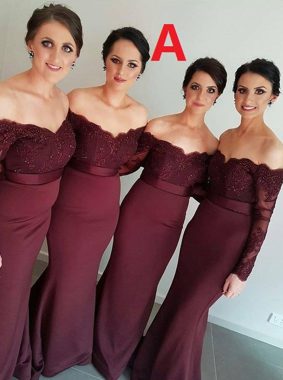 off shoulder burgundy bridesmaid dress