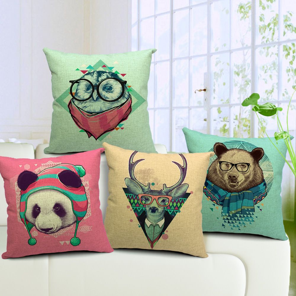Bear and Toy Pattern Printing Linen Cushion Cover Throw Pillow Cover Home Decor 