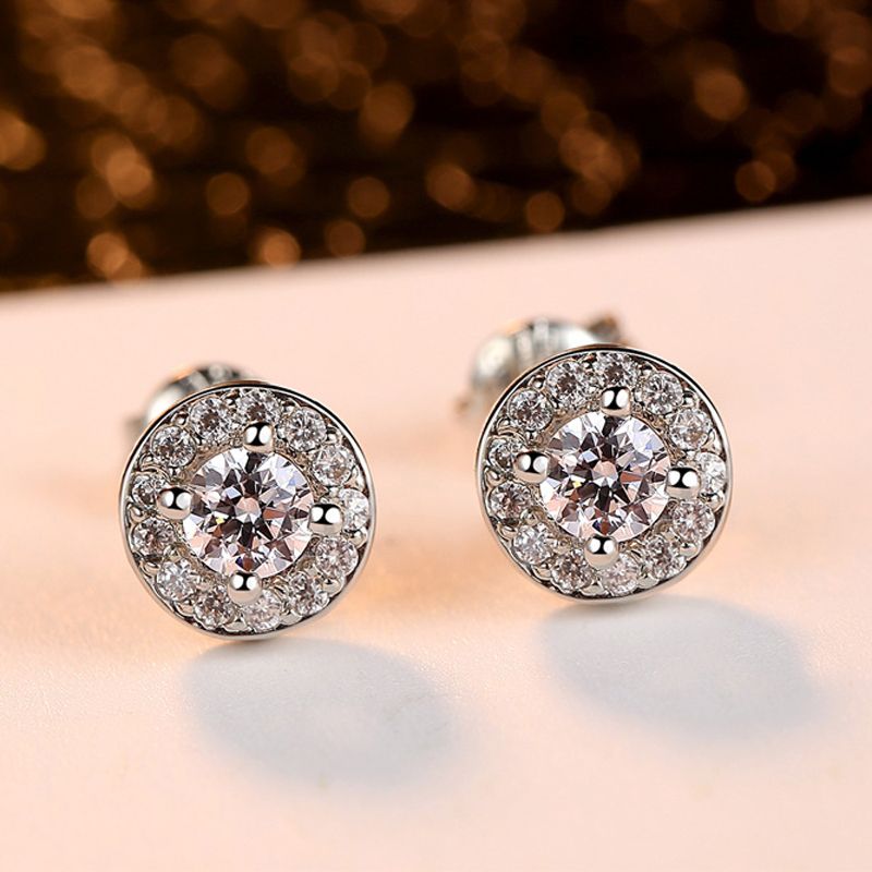 18K White Gold Plated Minimalist Round Clear Crystal Jewelry White CZ Stud Earrings for Women Girls