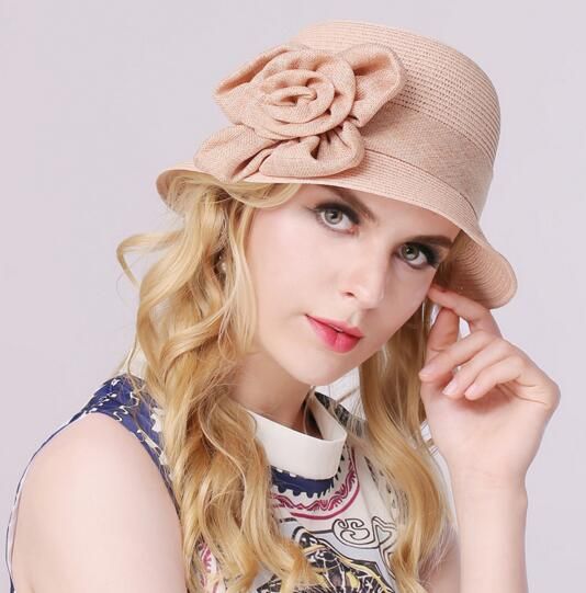 Cute Women Woven Beach Hat Cloche Hat With Flower Elegent Band