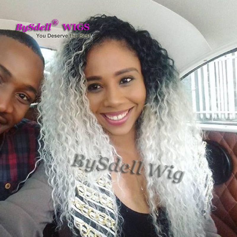 Beauty Long Curly Synthetic Hair Wig Synthetic Lace Heat Resistant Front Wig Kinky Curly Black Ombre Silver White Lace Wigs for Black Women Beauty Long Curly Synthetic Hair Wig Synthetic Lace Heat Resistant Front Wig Kinky Curly Black Ombre Silver White Lace Wigs for Black Women
