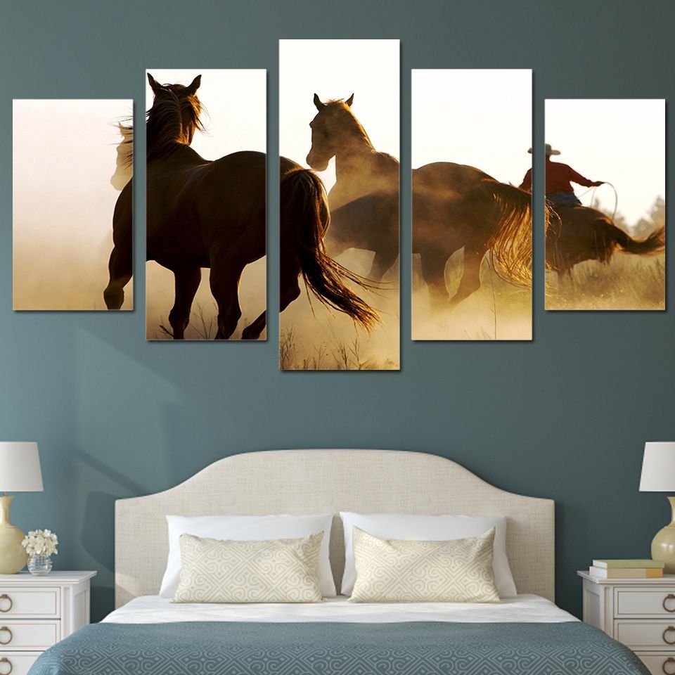 Compre 5 Paneles Hd Impreso Cowboys Caballos Grupo Pintura