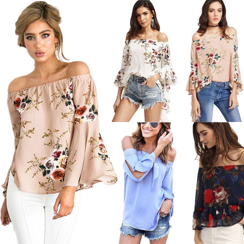 Tops De Mujer De Verano Con Hombros Descubiertos Gasa Manga Tops De Mujer De Verano Con Hombros Descubiertos Gasa Manga