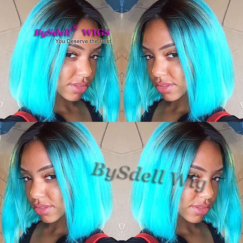 Short Black Roots Ombre Ice Blue Color Wig Synthetic Lace Front