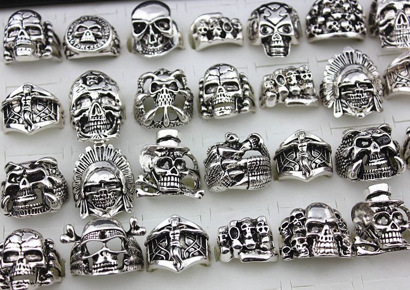 50x Mix lot Men's Skull Gothic Biker Rings Top Styles Mixed Wholesale Jewelry 