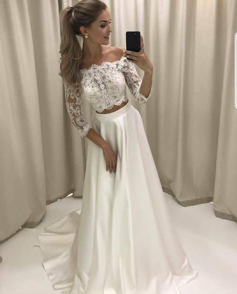 wedding dress lace top satin skirt