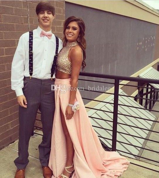 Compra Dos Pedazos Vestido De Fiesta 2017 Diseño Único Cuello Alto Cuello  Con Cuentas Melocotón Rosa Satinado Tarde Vestido Fiesta Fiesta Largo  Casero Vestidos Barato | Entrega Rápida Y Calidad | Es.Dhgate