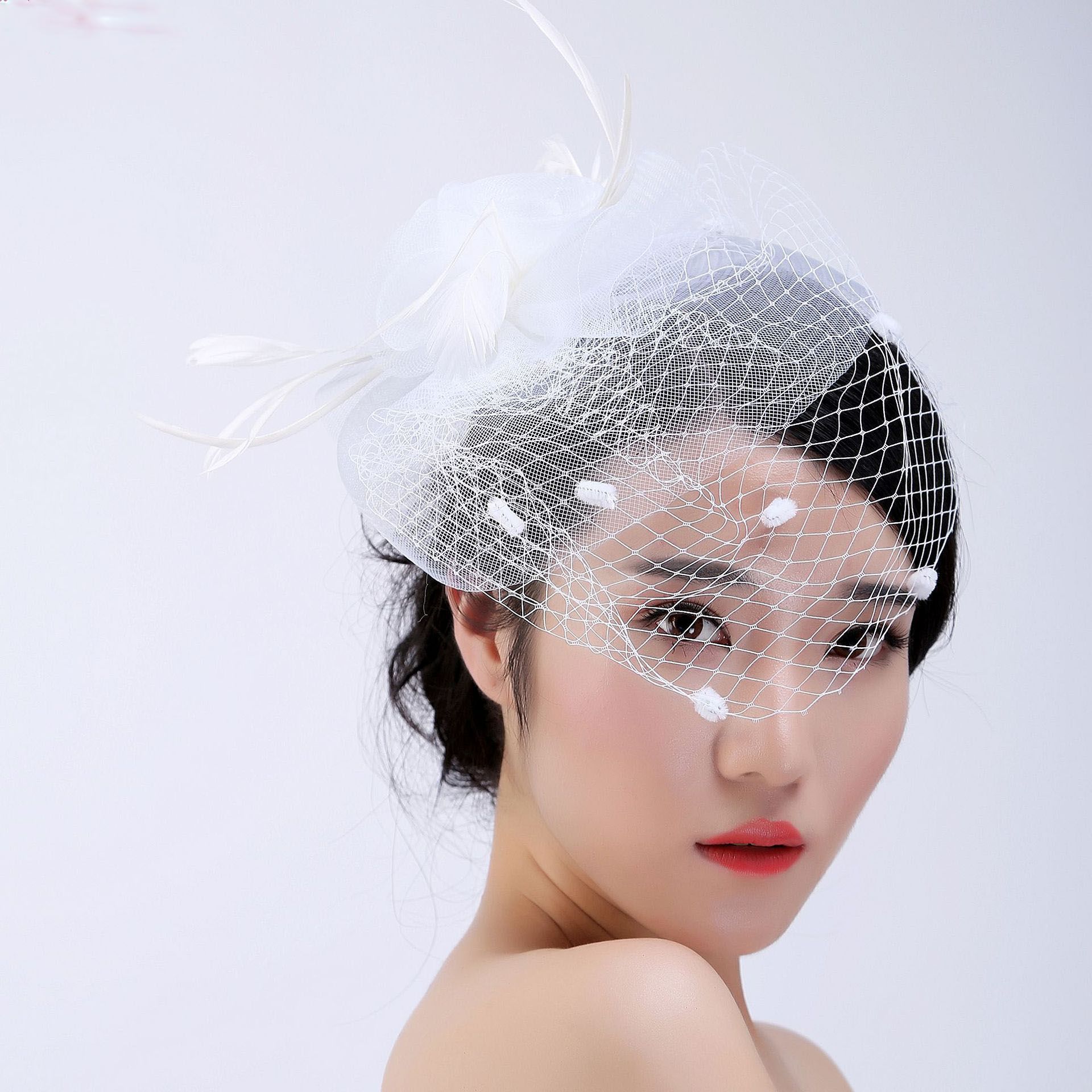 Big Hole Tulle White Bridal Hats Hair Fascinator With Flower