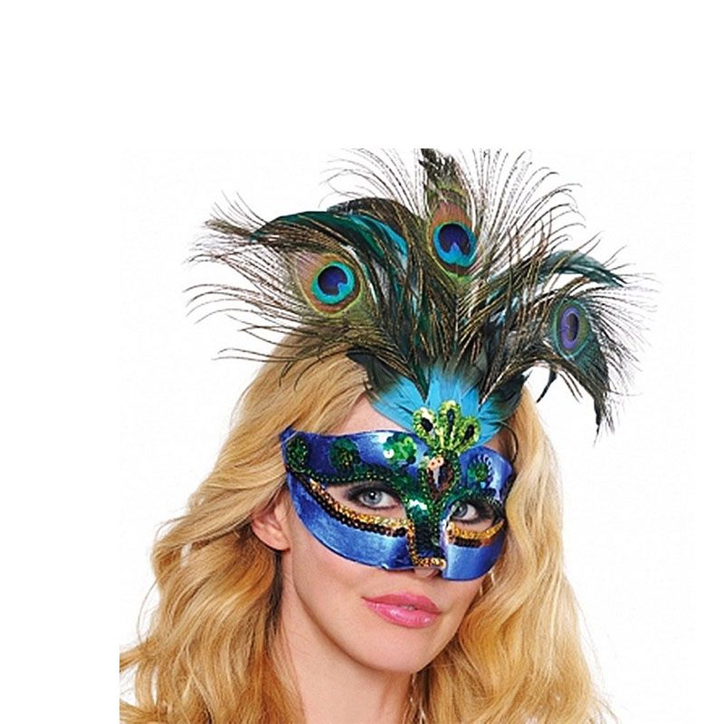 Máscara De Ojos Color Tropical Plumas Pavo Real Vestido de fantasía Mascarada Baile