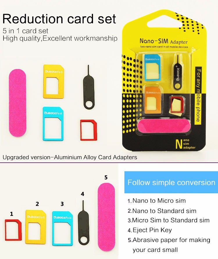 5 In 1 Nano Sim Card Adapters + Regular & Micro Sim + Standard SIM Card