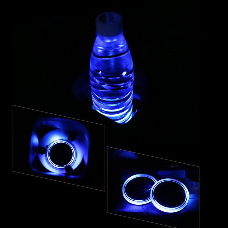 2 Pcs Car Decoration Solar LED Light Atmosphere Cup Holder Cover Bottom Pad