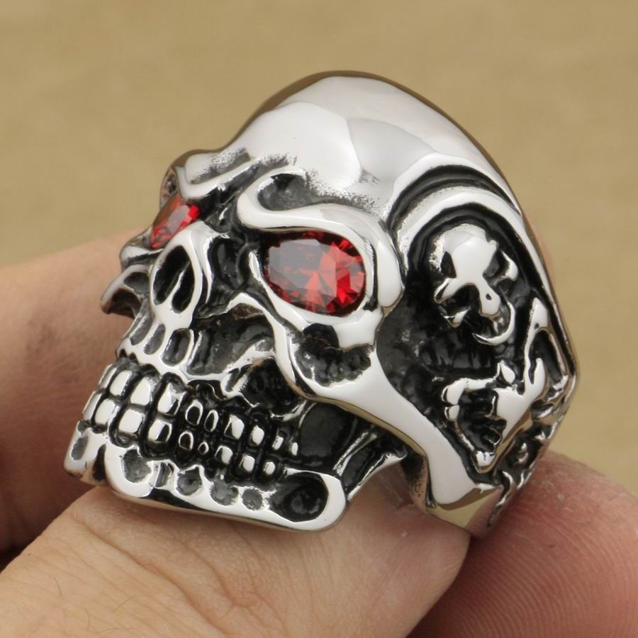 Men's Gothic Skull Ruby Red CZ Eye Half Face 316L Stainless Steel Biker Ring 