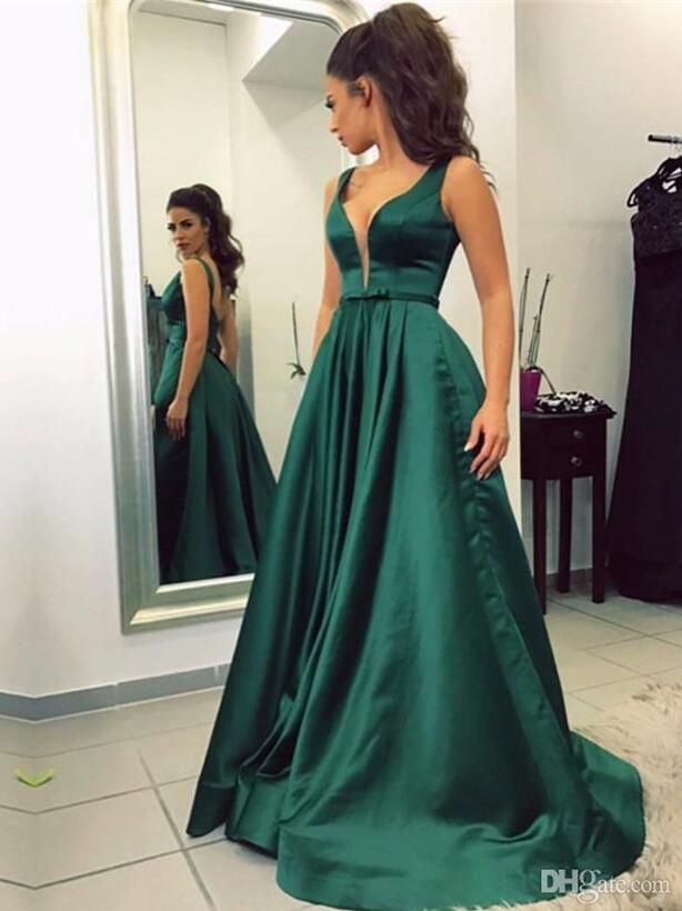 2017 Vestidos De Noche Largos Elegantes Con En V Profundo Satén Verde Vestidos Largos de