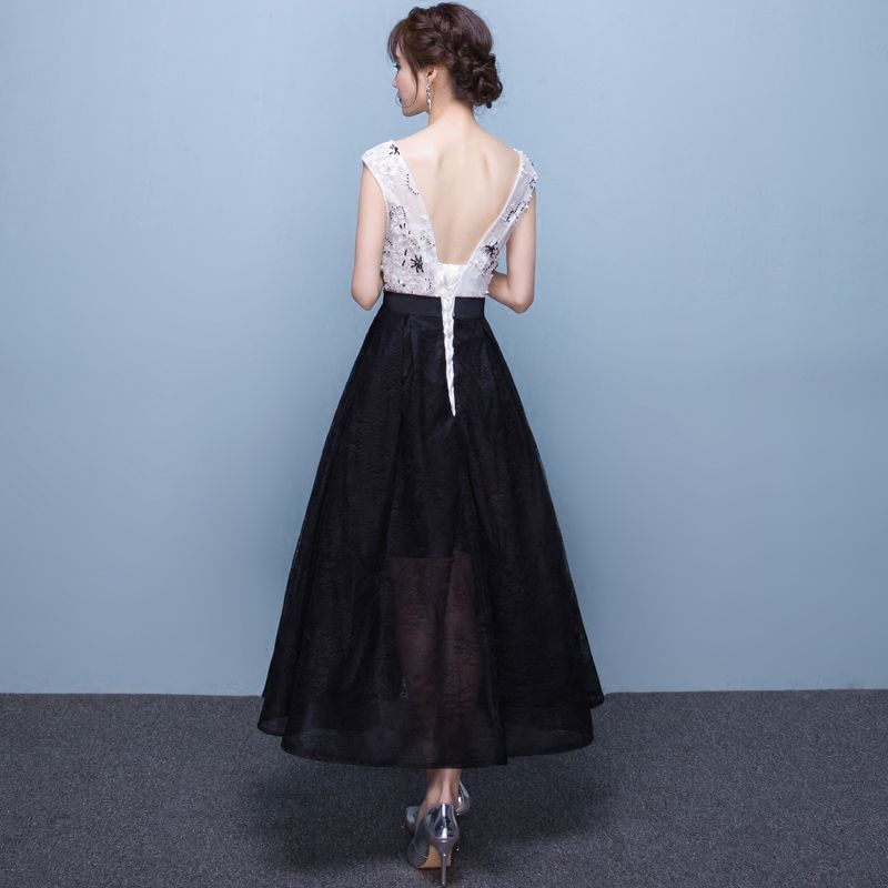 2017 White And Black Elegant Tea Length Full Lace Prom Dresses Bateau