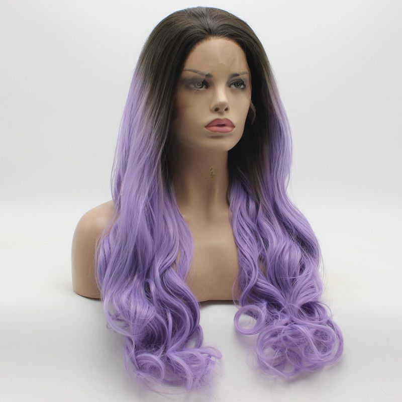 Iwona Hair Dark Root Light Purple Ombre Wavy Long Wig 5#1B/3815 Half Hand Tied Heat Resistant Synthetic Lace Front Wig Iwona Hair Dark Root Light Purple Ombre Wavy Long Wig 5#1B/3815 Half Hand Tied Heat Resistant Synthetic Lace Front Wig