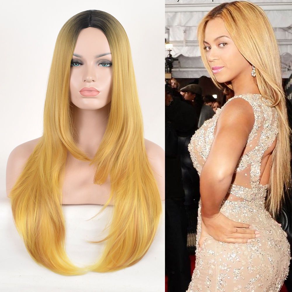 Beyonce Styling Wig Gold Blonde Black Root Hair Classic Cap Long