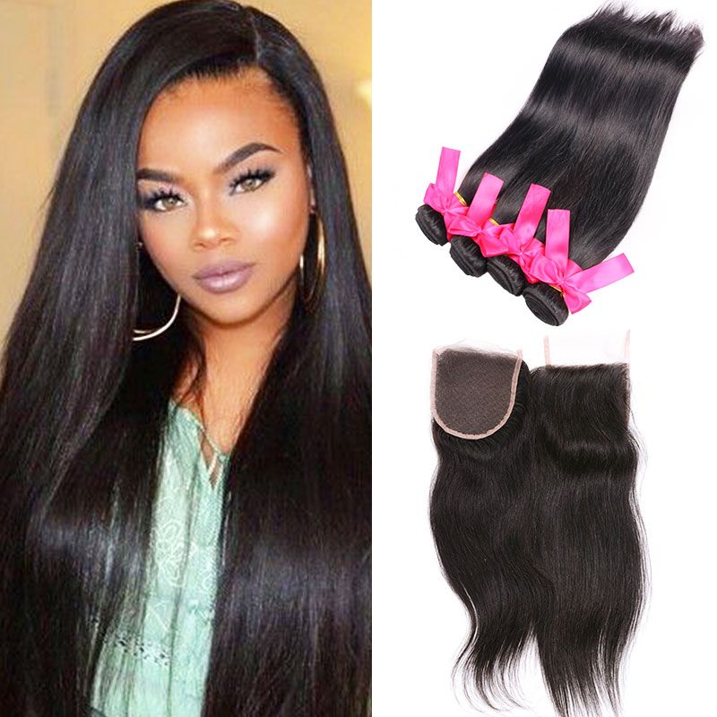 Kinky Straight Weave Raw Indian Hair 4 Bundles With Lace Closure