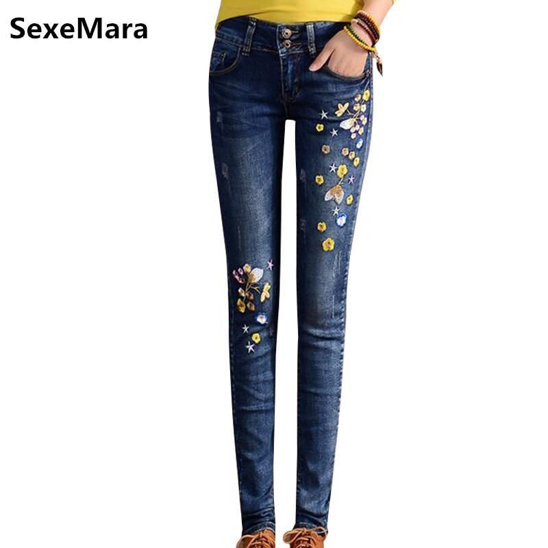 Moda- Jeans bordados Mujer Bonita primavera Mujeres Cintura Ocio Flores Bordado vaqueros