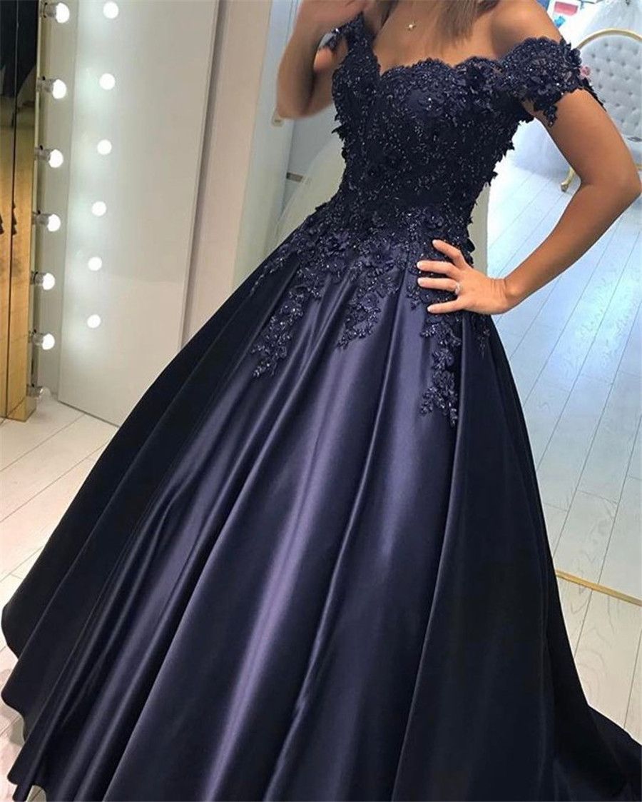 navy blue off the shoulder prom dress