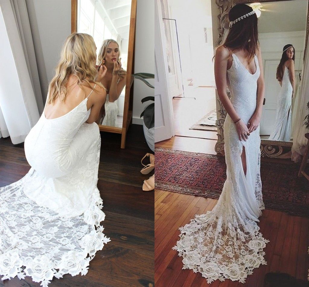 2018 Boho Wedding Dress Spaghetti Straps Lace Split Backless Beach Bride Dress