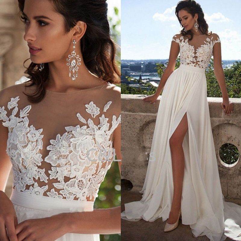 DiscountFashion Elegant Lace Long Beach Wedding Dresses