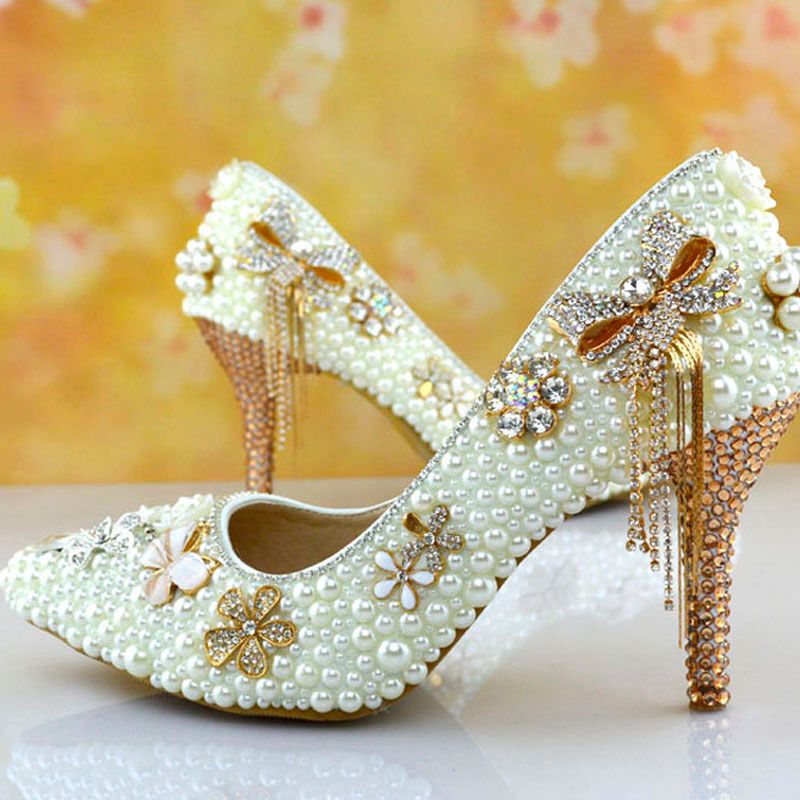 Beautiful Ivory Pearl Wedding Shoes High Heel Bridal Shoes Pointed Toe