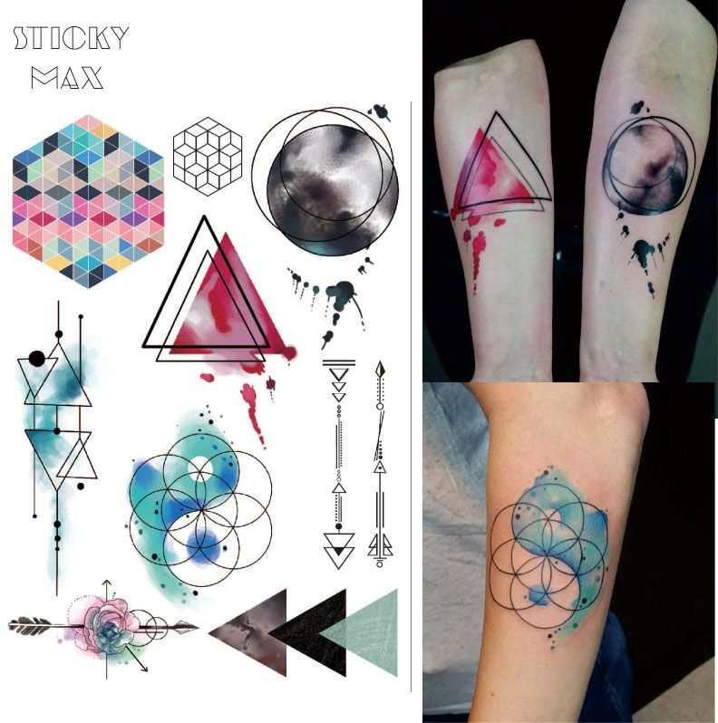 W08 Watercolor Geometric Magic Tattoo with Triangle, Square, Semicolon,Lock  Design Body Paint Waterproof Tattoos