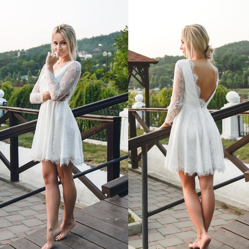 Discount 2018 Short Lace Wedding Dresses V Neck Long Sleeves