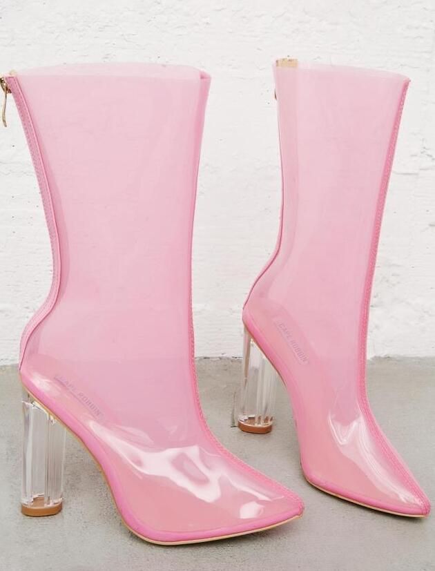 Melancólico Bungalow Mierda 2017 pvc mujeres botas de media pantorrilla botines de color rosa pvc bota  transparente talón bota