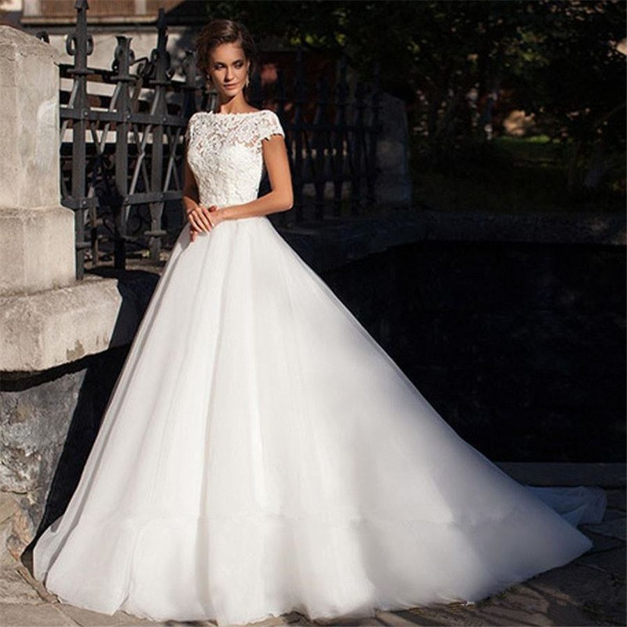ASBridal Wedding Dress Lace Bride Dresses Tulle Cap Sleeves Wedding Gown with Short Train 
