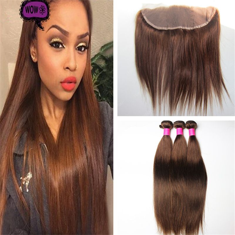 Color 4 Medium Brown Straight Virgin Hair Bundles With Lace