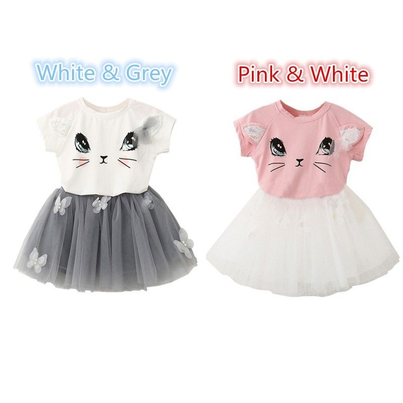 Cartoon Cat Print Denim Strap Skirt Two-Piece Suit Toddler Kids Girls Letter Tops