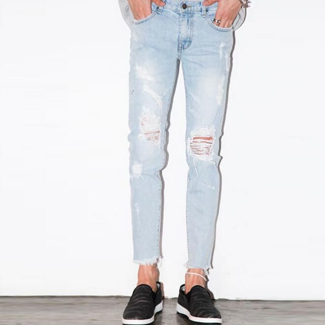 Compra Venta Al Por Mayor: Hombres Destruidos Luz Rotos Azul Jeans Tobillo  Longitud Para Hombre Prenda De Mezclilla Lavado Pantalones De Mezclilla  Blueached Jeans Rippado Moda Coreana Barato | Entrega Rápida Y