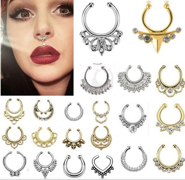 Fake Septum Clicker Nose Ring Rhinestone Non Piercing Hanger Clip On Jewelry TS Fake Septum Clicker Nose Ring Rhinestone Non Piercing Hanger Clip On Jewelry TS