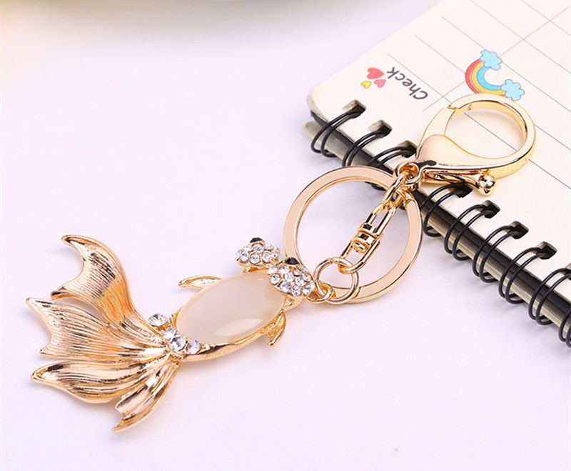 Gold Fish Lovely Tail Pendant Charm Rhinestone Crystal Key Ring Chain Accessorie 