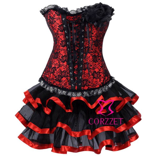 Corset+ Skirt+ G String Three Pieces Set Women Red Satin & Lace Gothic Corsets And Bustiers ...