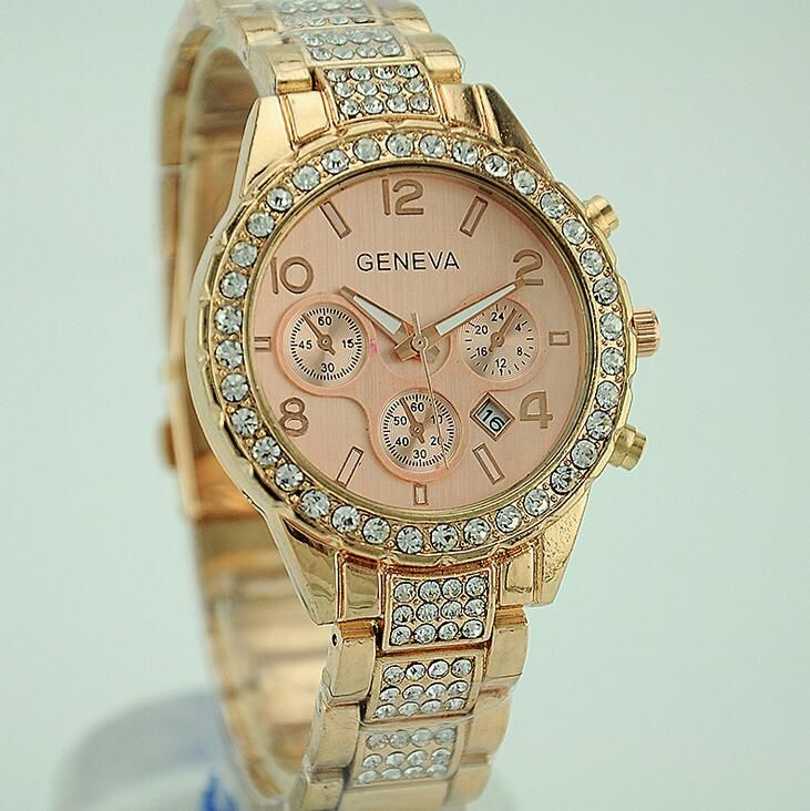 Bracelets de mode femmes diamant or argent alliage rose strass aiguilles en acier avec calendrier date robe femme montres