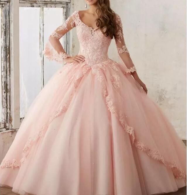 Vestidos de 15 años con manga larga de encaje Clearance